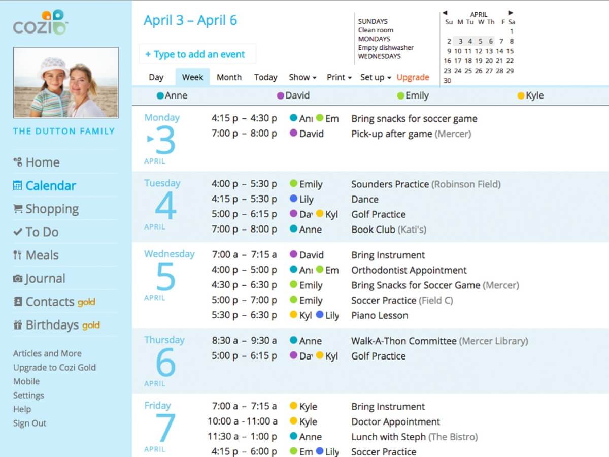 Online kalendár rodinných aktivít Cozi.