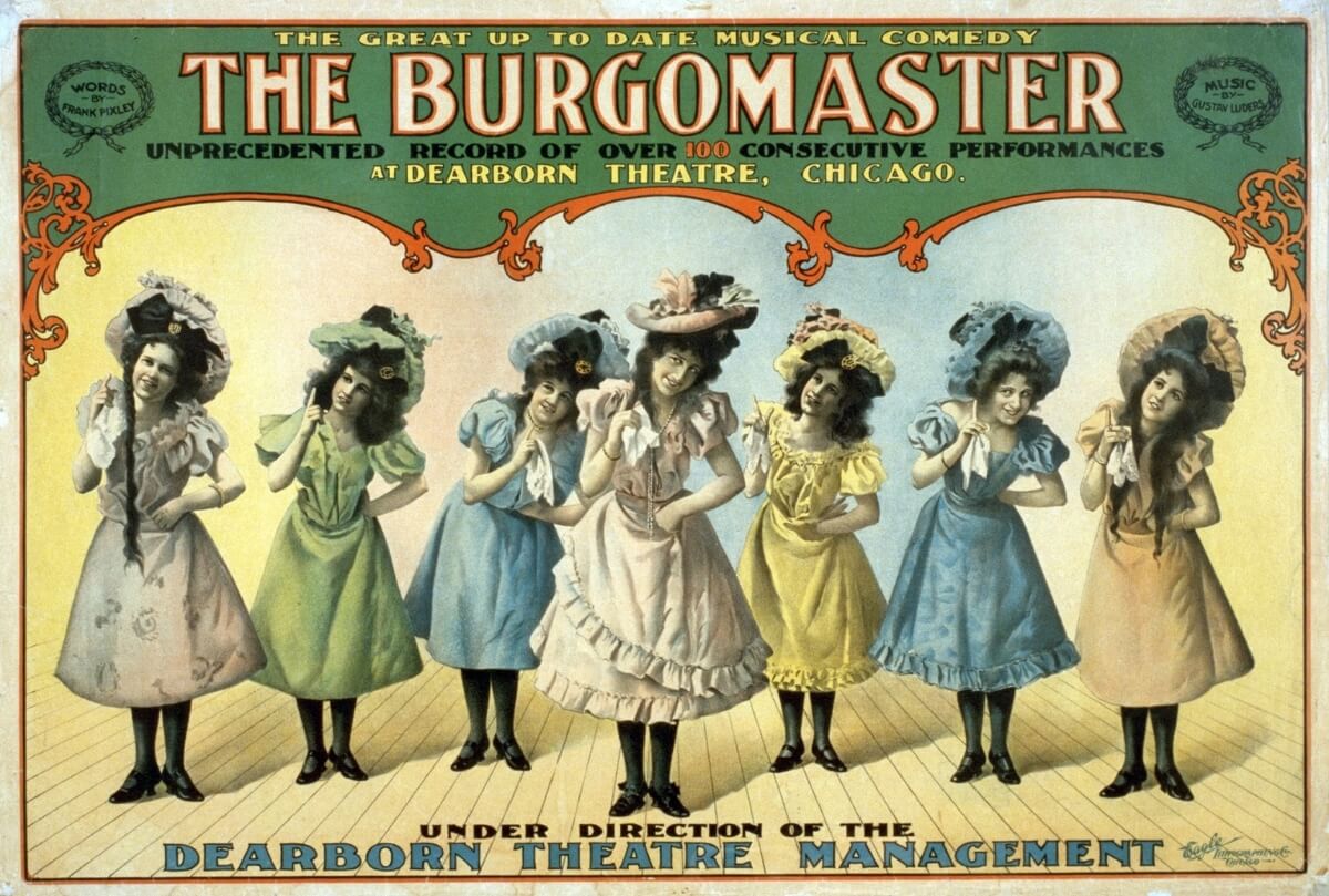 Plagát promujúci muzikál The Burgomaster z roku 1899.