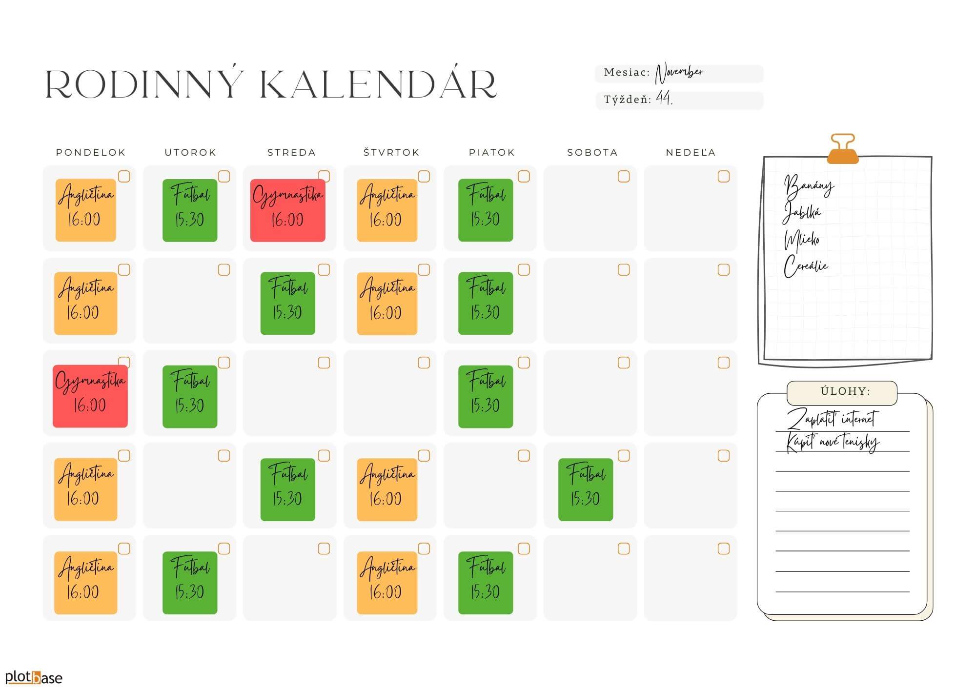 Farebne odlíšené aktivity vo vyplnenom rodinnom kalendári.